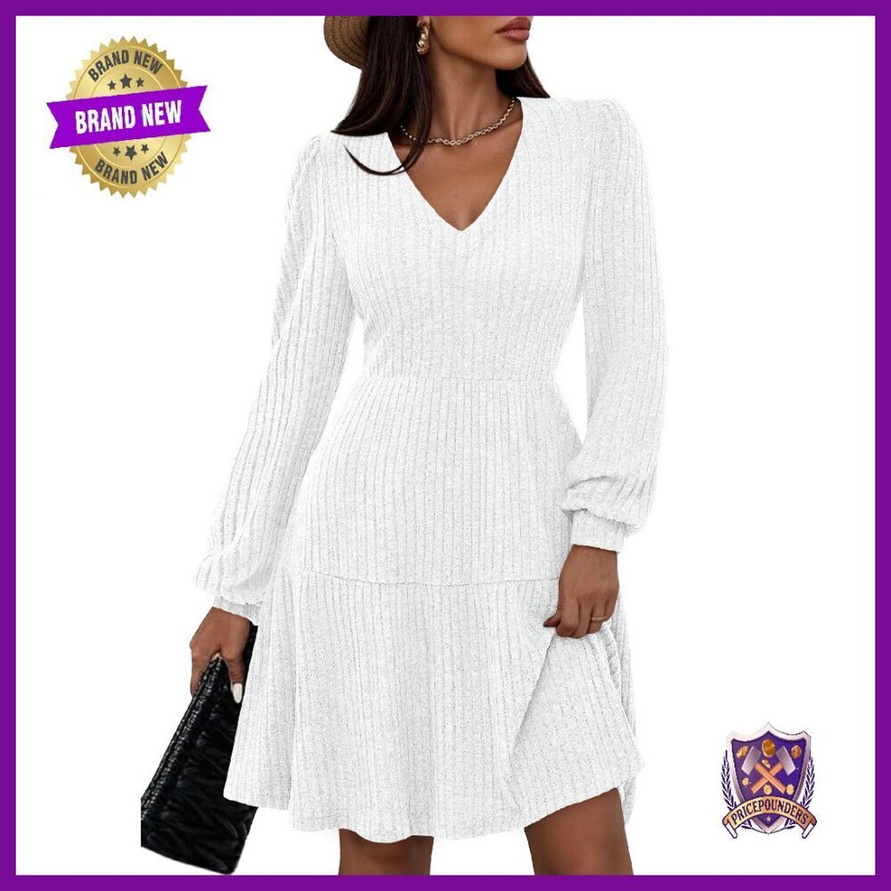 Long Sleeve V Neck Sweater Dress with Pockets Fit Flare Mini